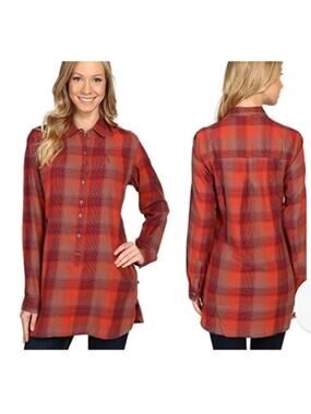 Toad & Co. Womens Orange Red Plaid Tunic Top Small Boho Lagenlook Organic Cotton